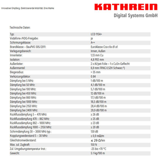 Kathrein LCD 115 A++ Koaxkabel (Voll-Kupfer / UV-bestndig PE schwarz fr Aueneinsatz / 6,9mm / 1.13mm / 130db / ab Meterware)